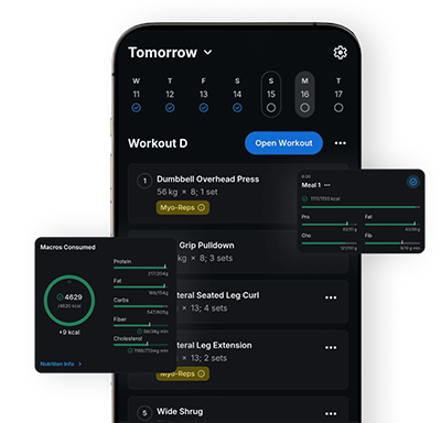 MH Physique app: tomorrow's workout with exercises and sets, next to live macro tracking and a planned meal