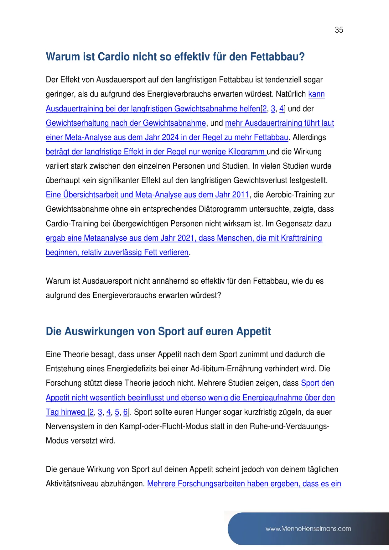 Seite aus dem Modul Cardio, mit verlinkten Quellen