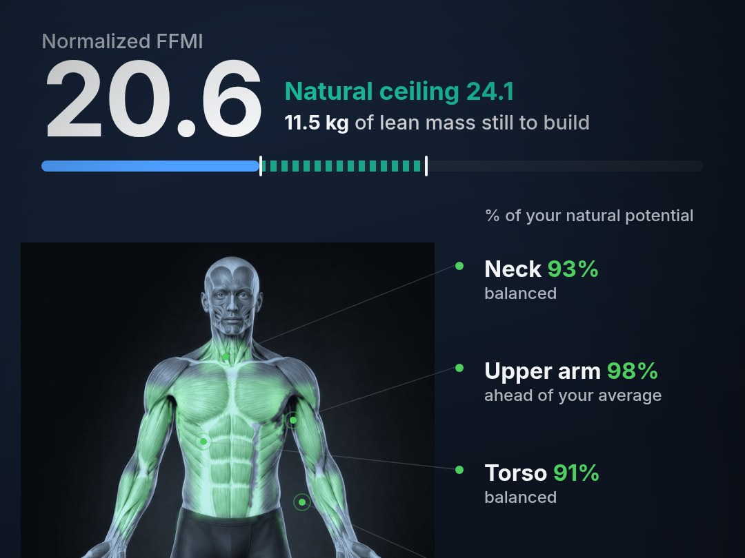Genetic potential and muscular balance results from the FFMI calculator in the PT Toolkit